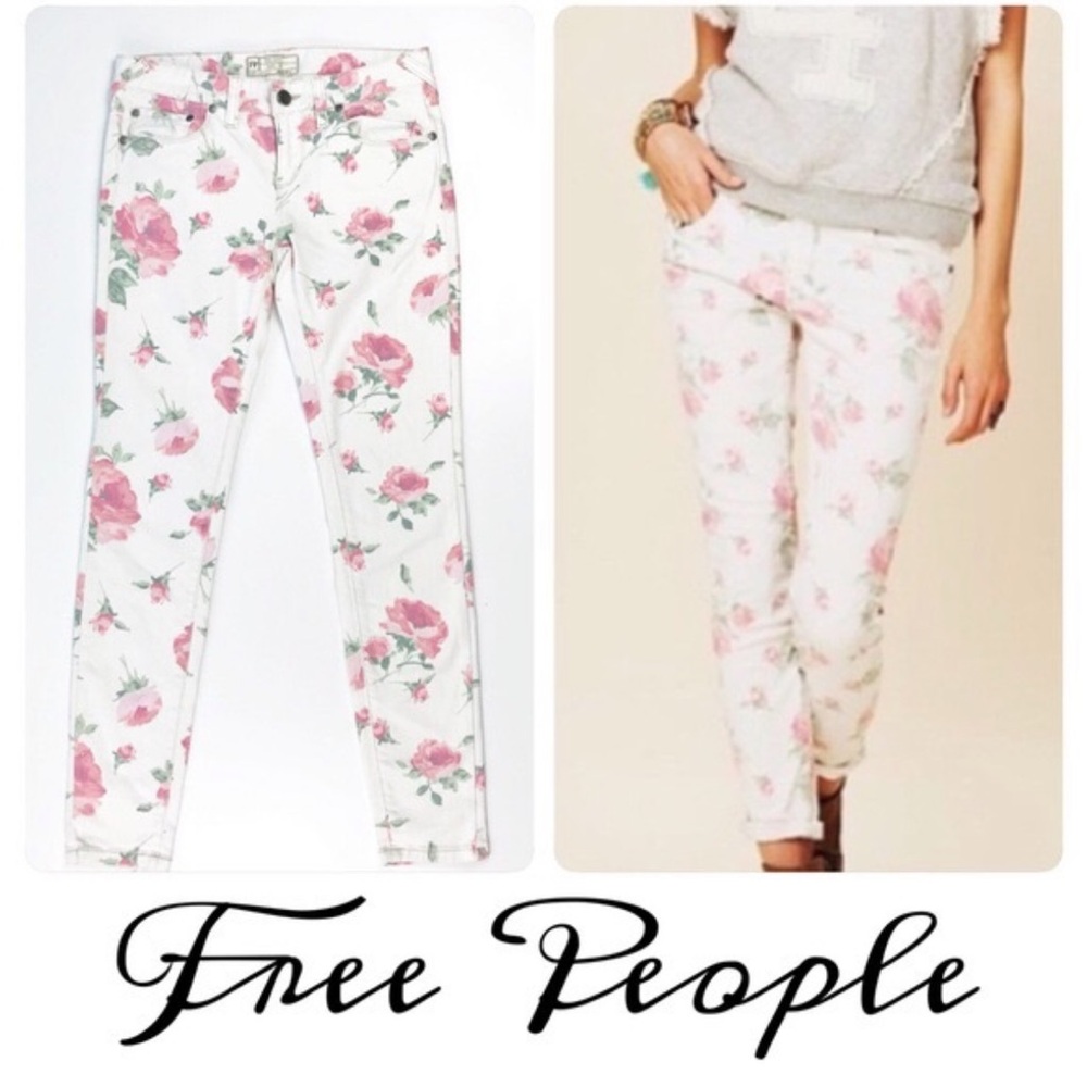 Free People Floral White Jeans